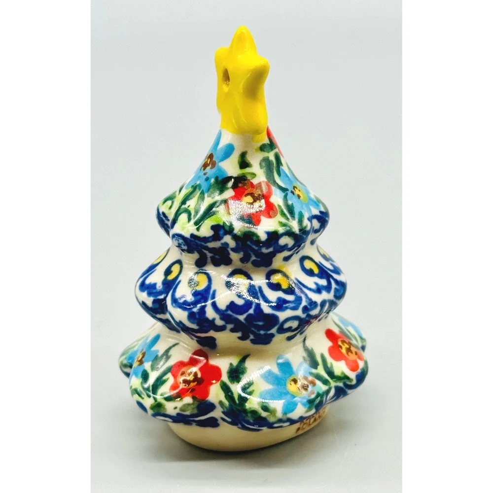 Polish Pottery Christmas Tree Ornament Figurine Floral Boleslawiec 3.25 inch